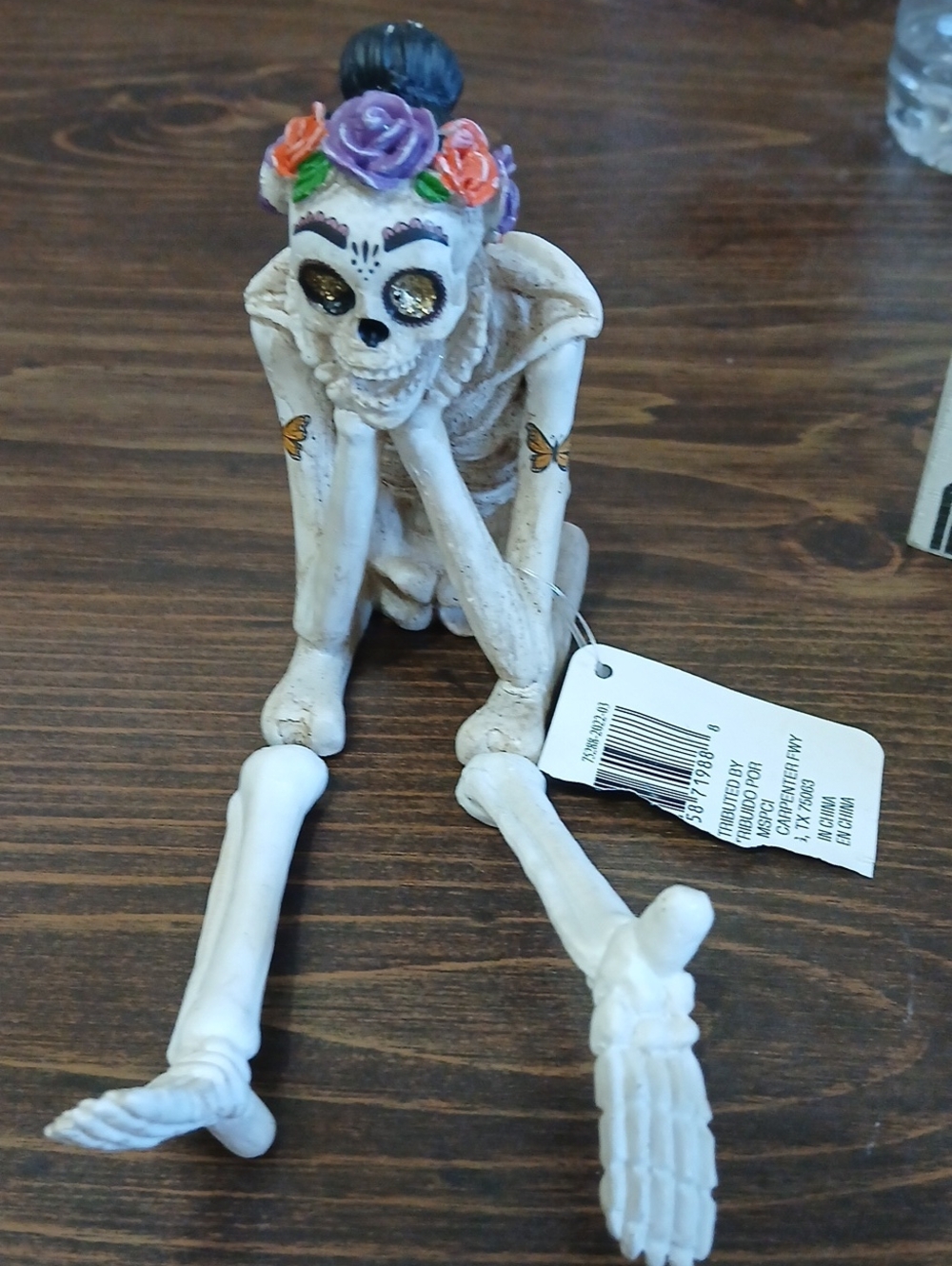 White Sugar Skull Figurine with Purple and Orange Floral Crown